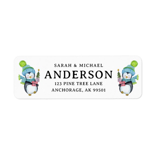 Cute Christmas Penguins Family Name  Return Address Label (Front)