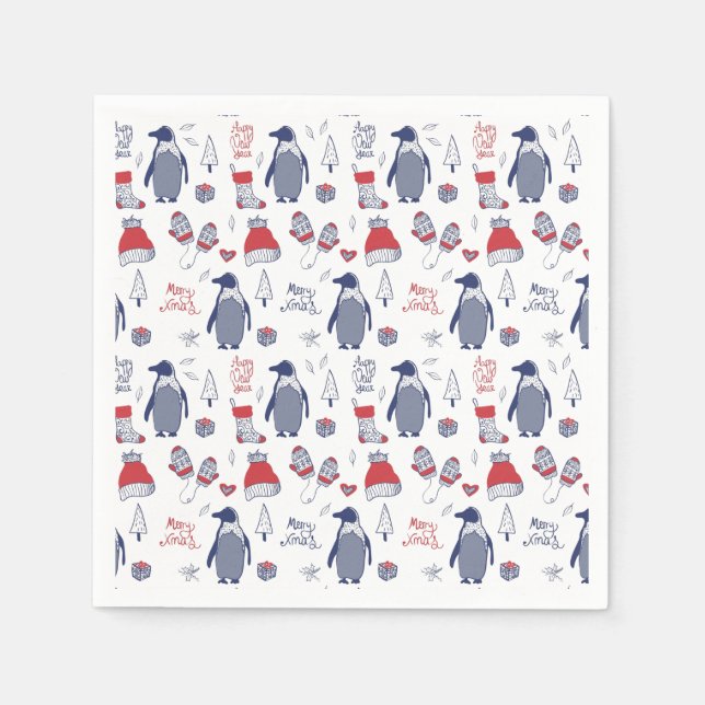 Cute Christmas Penguins Hats Gloves Pattern Napkin (Front)