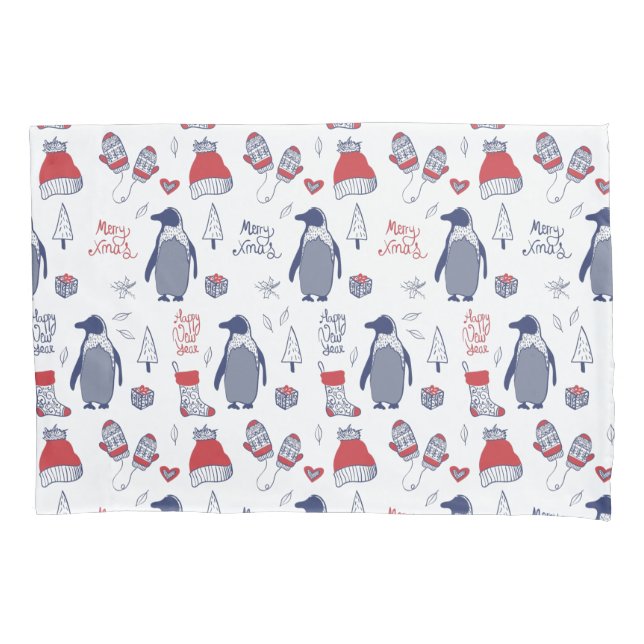Cute Christmas Penguins Hats Gloves Pattern Pillowcase (Front)