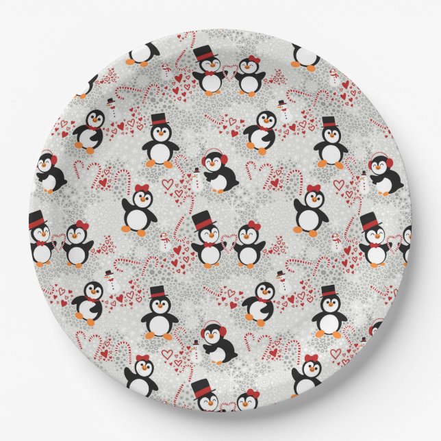 Cute Christmas Penguins Hearts & Candy Pattern Paper Plate (Front)
