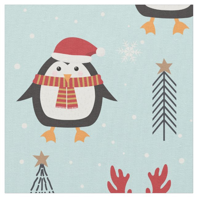 Cute Christmas Penguins on Pine Trees Pattern Fabric (Close Up)