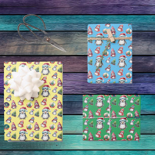 Cute Christmas Penguins on Yellow Green and Blue Wrapping Paper Sheet