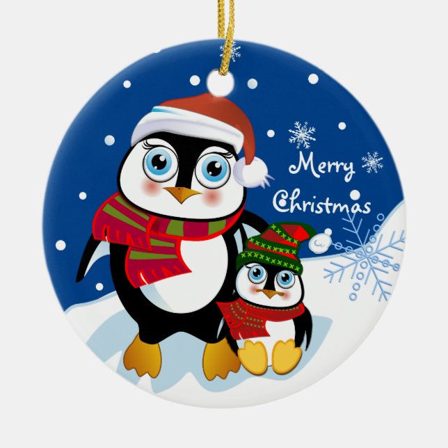 Cute Christmas Penguins ornament with Text (Front)