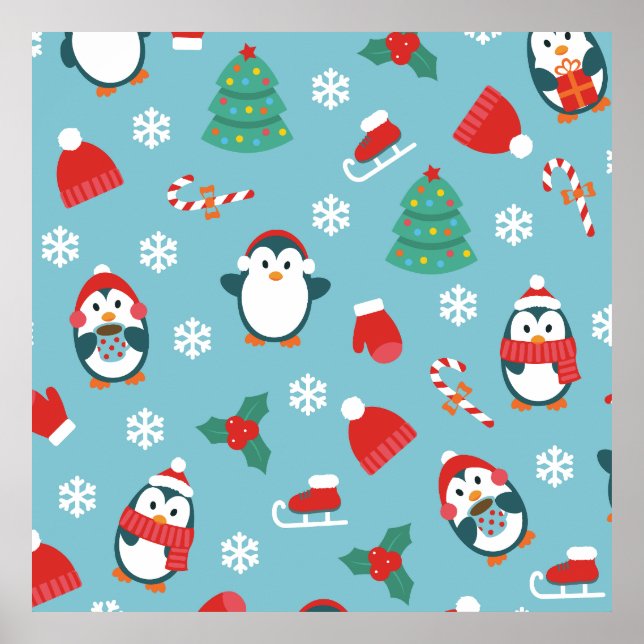 Cute Christmas Penguins Pattern Poster (Front)