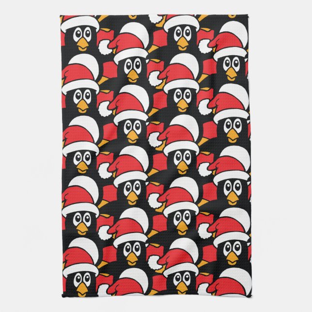 Cute Christmas Penguins Pattern Red Tea Towel (Vertical)