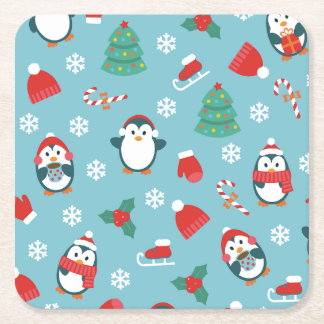 Cute Christmas Penguins Pattern Square Paper Coaster