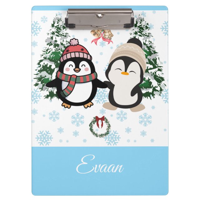 Cute Christmas Penguins Personalised Clipboard (Front)