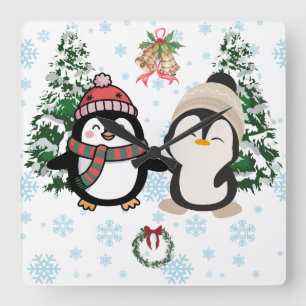 Cute Christmas Penguins Winter Square Wall Clock