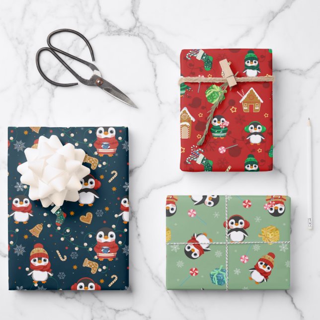 Cute Christmas Penguins Wrapping Paper Sheet (Front)