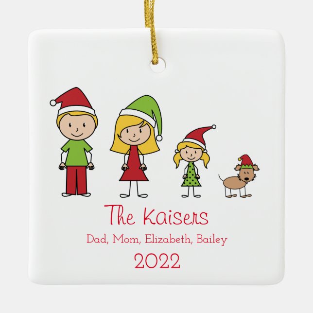 Cute Christmas Personalised Family of 3 With Dog Ceramic Ornament (Front)
