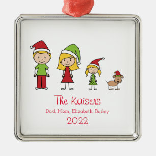 Cute Christmas Personalised Family of 3 With Dog Metal Ornament