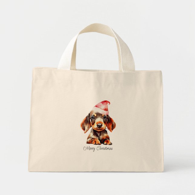 Cute Christmas Pet Dachshund Puppy  Mini Tote Bag (Front)
