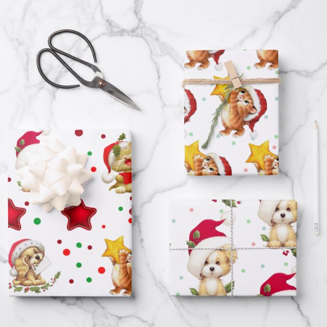 Cute Christmas Pet Wrapping Paper Sheets  (Front)