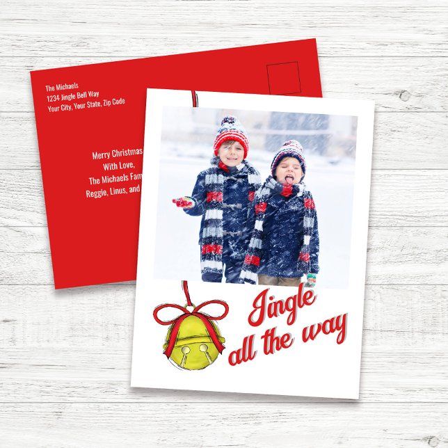 Cute Christmas Photo Card Jingle All the Way (Cute Christmas card with jingle all the way quote and whimsical jingle bell.)