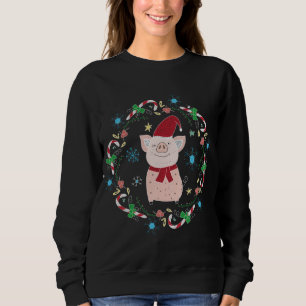 Cute Christmas Pig Candy Cane Holiday Wreath Sweatshirt