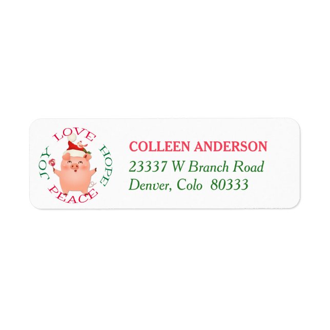 Cute Christmas Pig Hope Peace Return Address Label (Front)