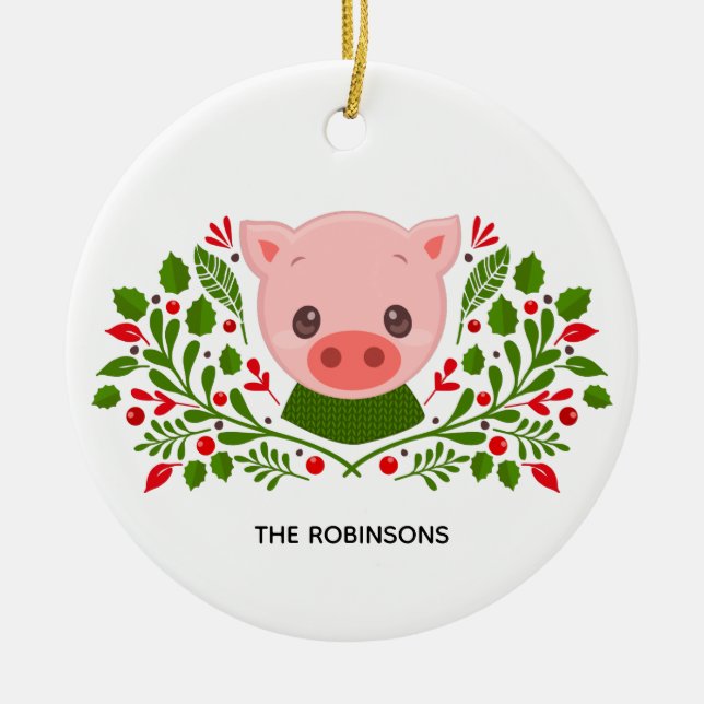Cute Christmas Pig Photo Ceramic Ornament (Front)
