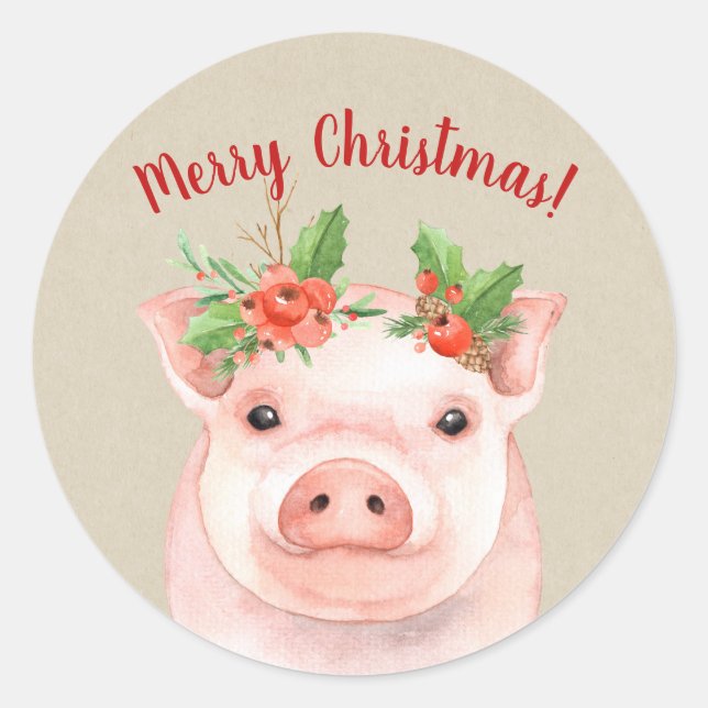 Cute Christmas Pig Rustic Country Holiday Custom Classic Round Sticker (Front)