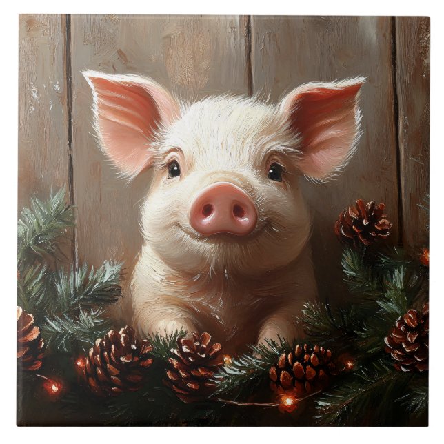 Cute Christmas Pig Rustic Painting Ceramic Tile (Front)