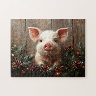 Cute Christmas Pig Rustic Painting Jigsaw Puzzle