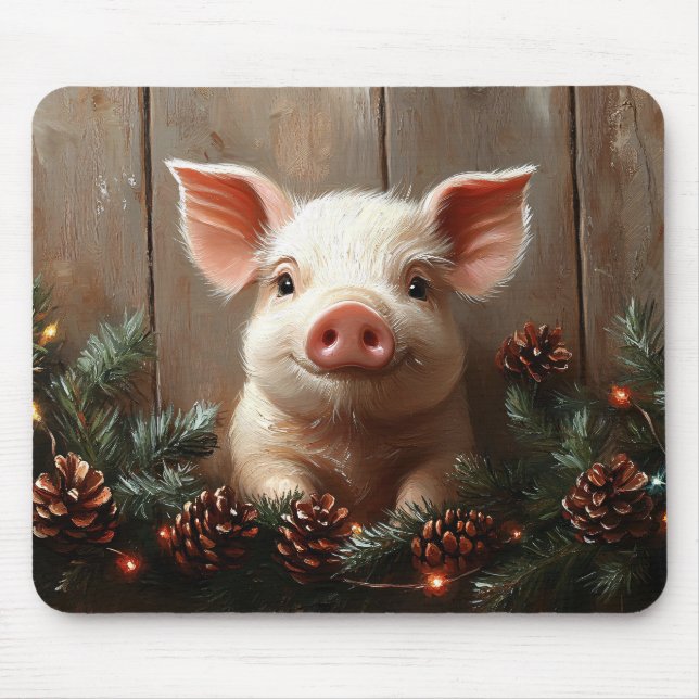 Cute Christmas Pig Rustic Painting Mouse Pad (Front)