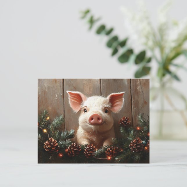 Cute Christmas Pig Rustic Painting Postcard (Standing Front)