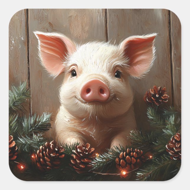 Cute Christmas Pig Rustic Painting Square Sticker (Front)