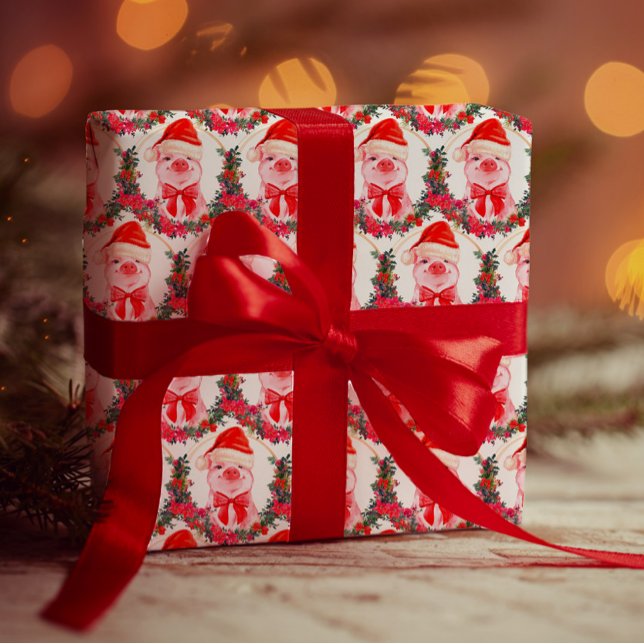    Cute Christmas Pig White & Red Funny Watercolor Wrapping Paper (Creator Uploaded)