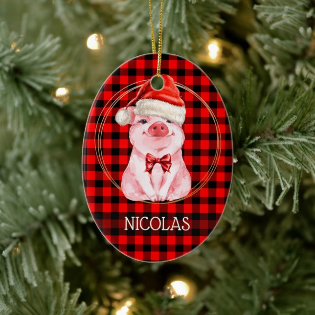 Cute Christmas Pig With Buffalo Plaid Red Funny Ceramic Ornament (Tree)