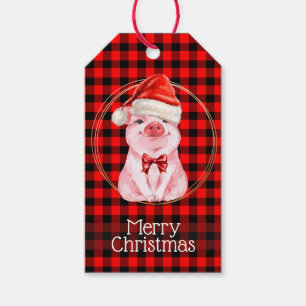 Cute Christmas Pig With Buffalo Plaid Red Funny Gift Tags