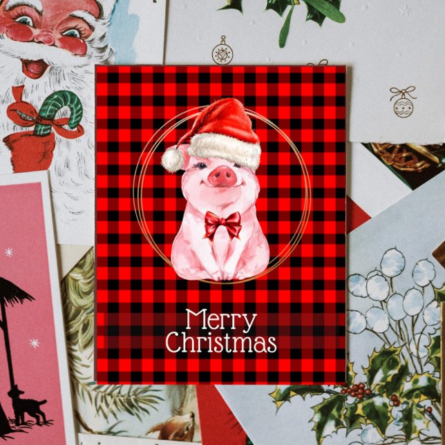 Cute Christmas Pig With Buffalo Plaid Red Funny Holiday Postcard (Creator Uploaded)