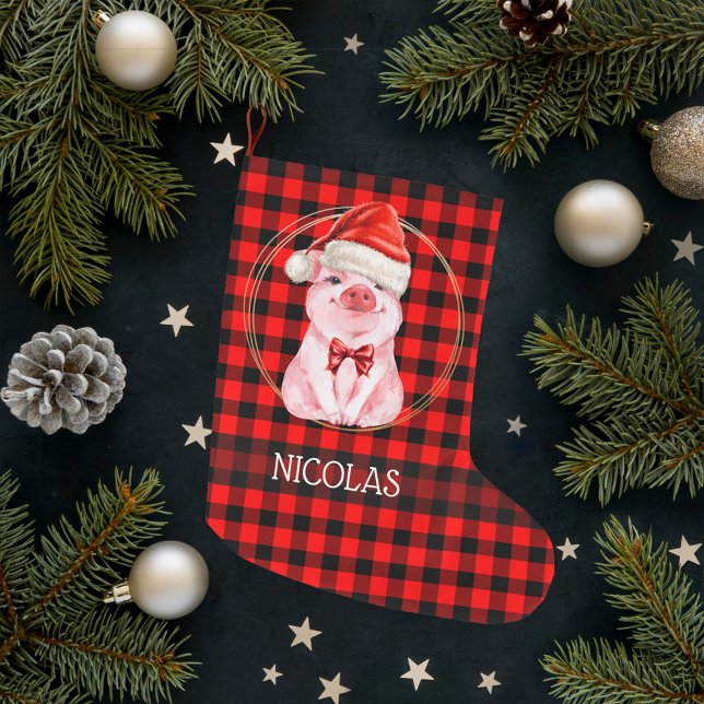 Cute Christmas Pig With Buffalo Plaid Red Funny Large Christmas Stocking (Creator Uploaded)