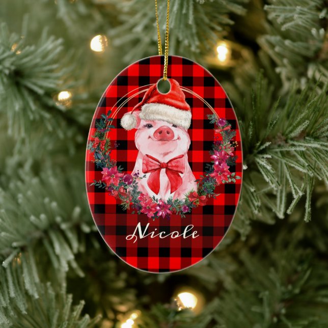 Cute Christmas Pig With Buffalo Plaid Red Rustic Ceramic Ornament (Tree)