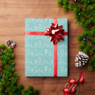 Cute Christmas Pine Trees and Mountains teal Wrapping Paper