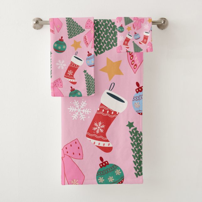 Cute Christmas Pink Bath Towel Set (Insitu)