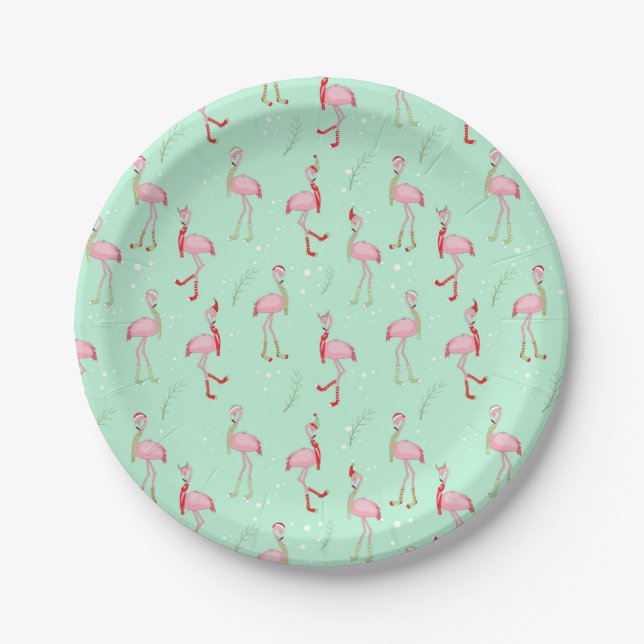 Cute Christmas pink flamingo pattern Paper Plate (Front)
