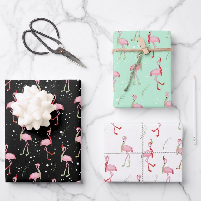 Cute Christmas pink flamingo pattern Wrapping Paper Sheet (Front)