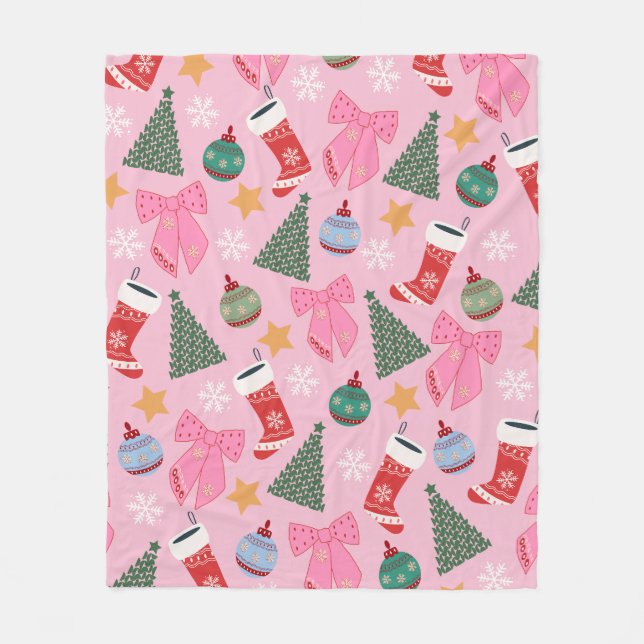 Cute Christmas Pink Fleece Blanket (Front)