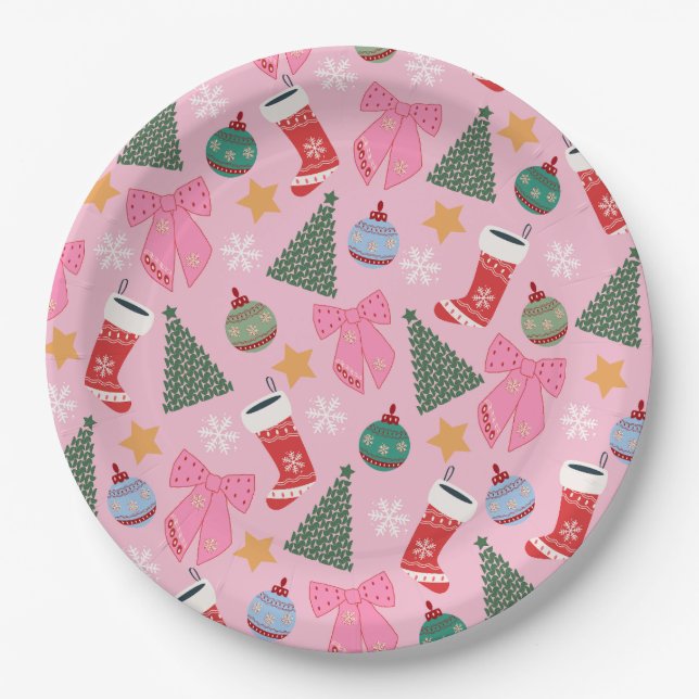 Cute Christmas Pink Paper Plate (Front)