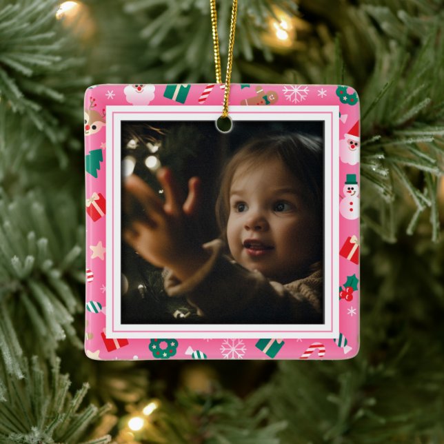 Cute Christmas Pink Photo Frame Ceramic Ornament (Tree)