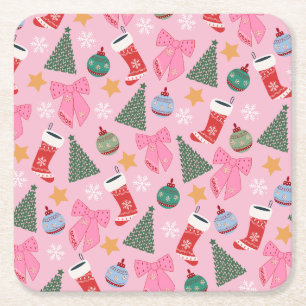 Cute Christmas Pink Square Paper Coaster