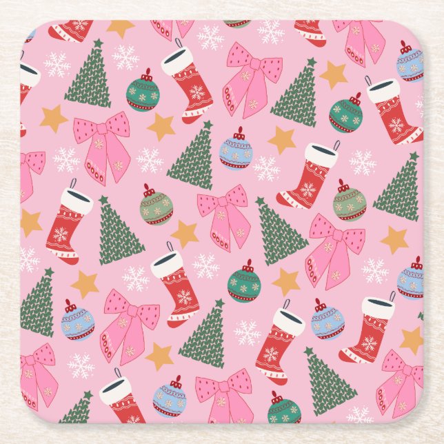 Cute Christmas Pink Square Paper Coaster (Front)