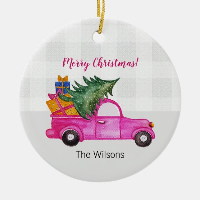 Cute Christmas Pink Truck With Tree And Wishes Ceramic Ornament (Front)
