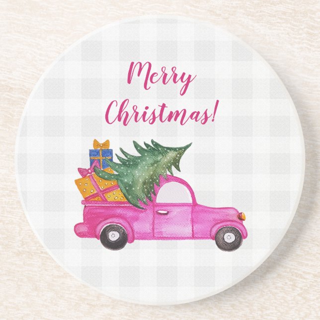 Cute Christmas Pink Truck With Tree And Wishes Coaster (Front)