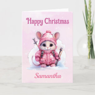 Cute Christmas Pink Winter Mouse Holiday Card