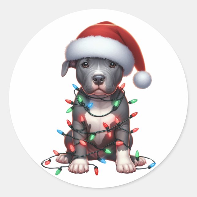 Cute Christmas Pitbull Classic Round Sticker (Front)