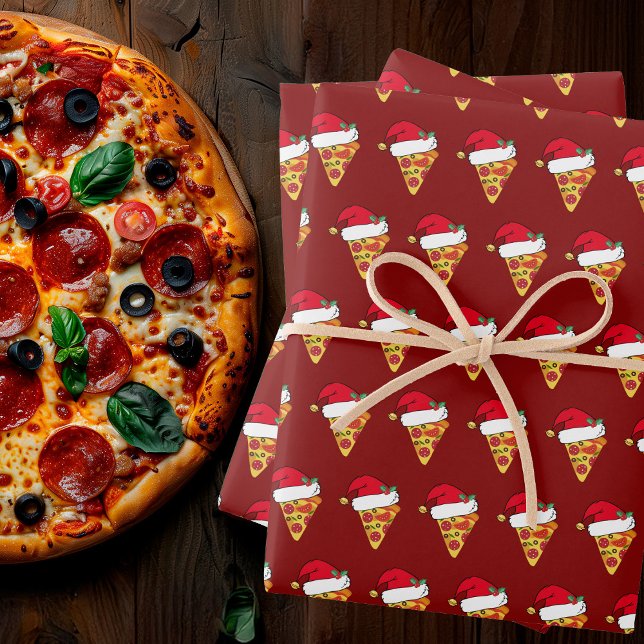 Cute Christmas Pizza Slices in Santa Hats Red Wrapping Paper Sheet (Creator Uploaded)