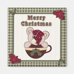 Cute Christmas Plaid Pattern Border & Teddy Bear Magnet