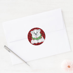 Cute Christmas polar bear Holly wreath red plaid  Classic Round Sticker