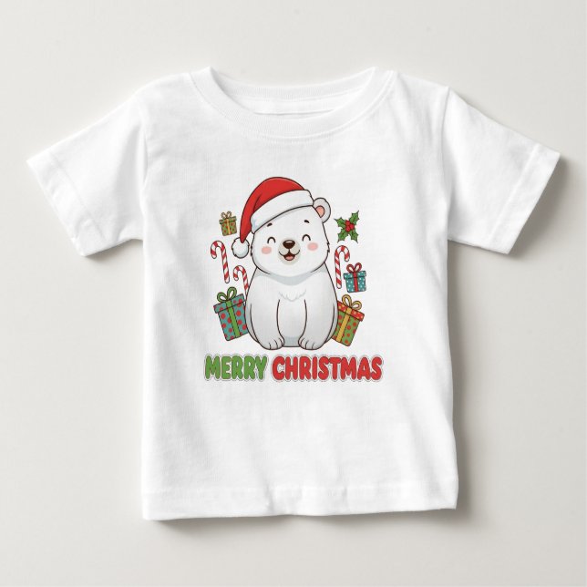 Cute Christmas Polar Bear Illustration Baby T-Shirt (Front)
